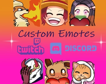 May include: A collection of custom emotes for Twitch and Discord. The emotes feature various cartoon characters, including a fire-breathing dog, a smiling anime character, a girl holding a heart, a demon with a skull mask, a cute brown Pokemon, and a cat wearing a pink hat.