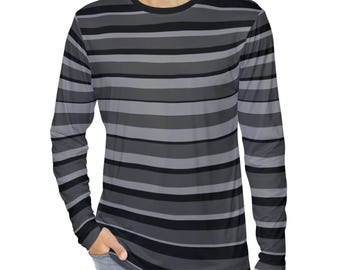 黒と白のストライプ柄メンズ長袖Tシャツ、ストライプ柄男性ユニ