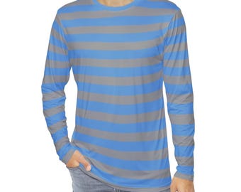 Blauw en grijs gestreept heren-T-shirt met lange mouwen