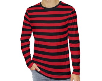 Red & Black Striped T-Shirt Men's Long Sleeved Gothic Emo T-Shirt Red Striped T-Shirt Men's Striped Clothes Gift For Him