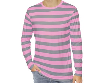 Men's Pink & Gray Striped Shirt Long Sleeve Striped Pastel Pink T-Shirt Gift For Him