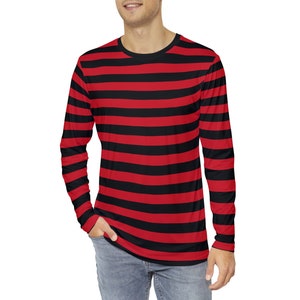 Red Striped Shirt Men&#39;s Red & Black Long Sleeved T-Shirt Gothic Striped Shirt Red Striped Long Sleeve T-Shirt Men&#39;s Clothing