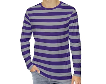Men's Purple & Gray Striped Shirt Long Sleeve Striped Purple T-Shirt Gift For Him