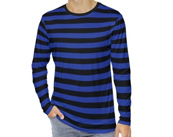 Black & Blue Striped T-Shirt Gothic Shirt Emo Punk Rocker Blue Striped Men's Long Sleeve AOP T-Shirt Blue Loungewear For Him