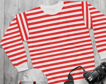 Red & White Sweatshirt Striped Crewneck Holiday Sweater Unisex Long Sleeve Christmas Sweatshirt Valentine's Day Sweatshirt Gift Idea