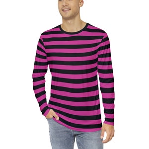 Pink Striped T-Shirt Men&#39;s Striped T-Shirt Striped Pink & Black Long Sleeve Shirt Men&#39;s Retro T-Shirt Men&#39;s Trendy Striped AOP T-Shirt
