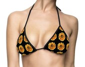 Bright Colorful Orange Yellow Sunflower Flower Floral Women 39 s Black 2 Piece Sexy String Bikini Swimsuit Bathing Suit Swimwear