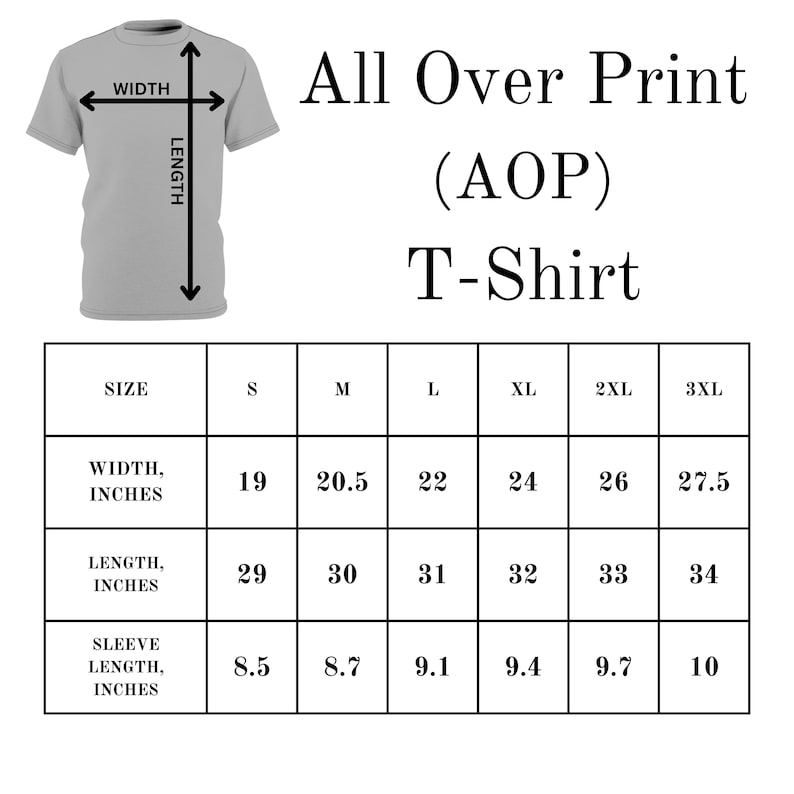 Puede incluir: Tabla de tallas para una camiseta de impresi&oacute;n integral (AOP). La tabla muestra el ancho, la longitud y la longitud de la manga en pulgadas para las tallas S, M, L, XL, 2XL y 3XL.