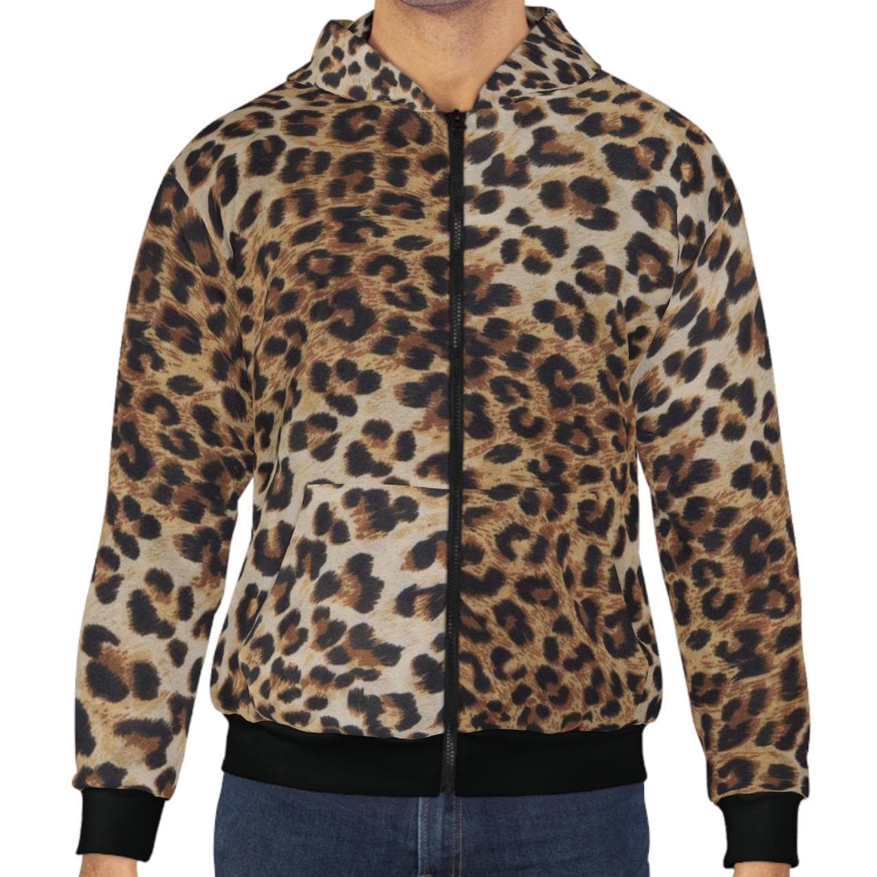 Zapaka Men's Coat Leopard Faux Fur Zip-Up Hoodie Long