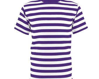 パープルストライプTシャツ：プレッピーなオールオーバープリントのレトロTシャツ