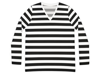 Women's Long Sleeve V-neck Shirt (AOP) Black & White Stripes