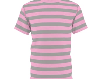 ピンク＆グレーのストライプTシャツ：パステル調のレトロスタイル