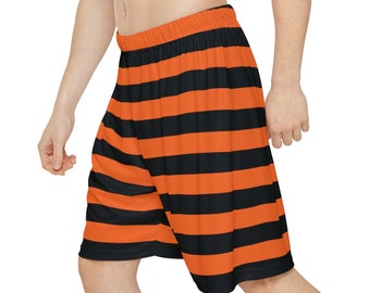 Orange gestreifte Shorts Herren Orange & schwarz gestreifte Basketball-Shorts Herren elastische Taille gestreifte Shorts Geschenk für ihn