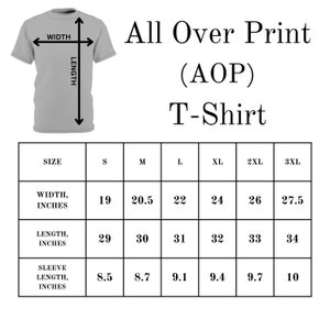 Puede incluir: Tabla de tallas para una camiseta de impresi&oacute;n integral (AOP). La tabla muestra el ancho, la longitud y la longitud de la manga en pulgadas para las tallas S, M, L, XL, 2XL y 3XL.
