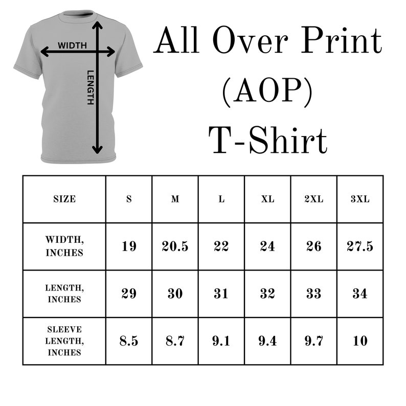 Puede incluir: Tabla de tallas para una camiseta de impresi&oacute;n integral (AOP). La tabla muestra el ancho, la longitud y la longitud de la manga en pulgadas para las tallas S, M, L, XL, 2XL y 3XL.