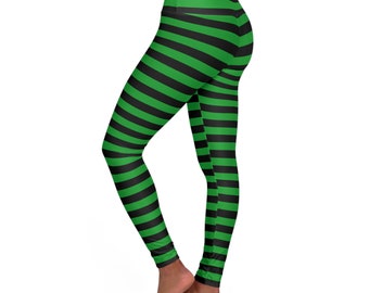 Green & Black Striped Leggings Cute Gothic Leggings Green Punk Leggings Women's High Waisted Yoga Leggings Green Striped Tights Loungewear