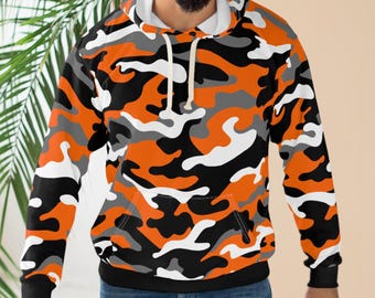 Orange Camo Pullover Hoodie: Unisex Retro Style