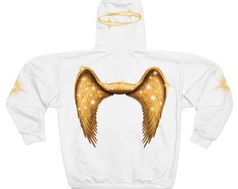 Gold Angel Wings Zip Hoodie: Fantasy Celestial Jacket