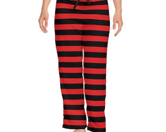 May include: Red and black striped pajama pants with a drawstring waist. The pants have wide horizontal stripes and a relaxed fit. The fabric appears to be soft and comfortable, suitable for lounging or sleeping.