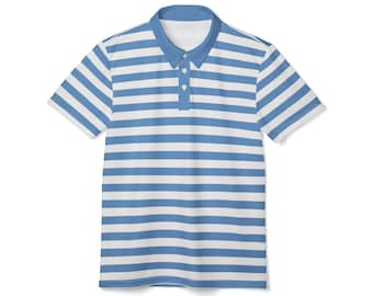 Blue Striped Polo Shirt: AOP Vintage Style Short Sleeve Top