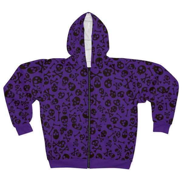 Skull & Bones Hoodie Halloween Hoodie Gothic Hoodie Purple And Black Zip Hoodie Long Sleeve Skull And Bones Fleece Zip Jacket Gift Idea