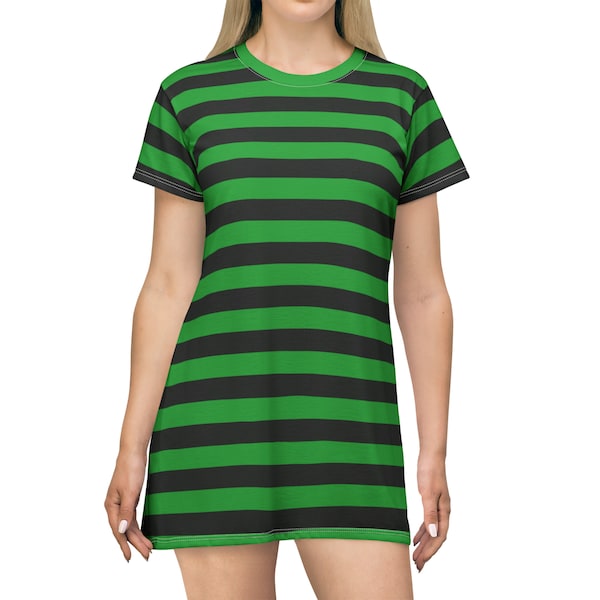 Green & Black Striped Dress Green Striped Nightgown Green And Black Loungewear Short Sleeve Green Gothic Dress Punk Striped T-Shirt Dress