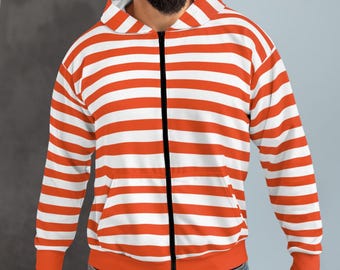 May include: A red and white striped zip-up hoodie with a hood.