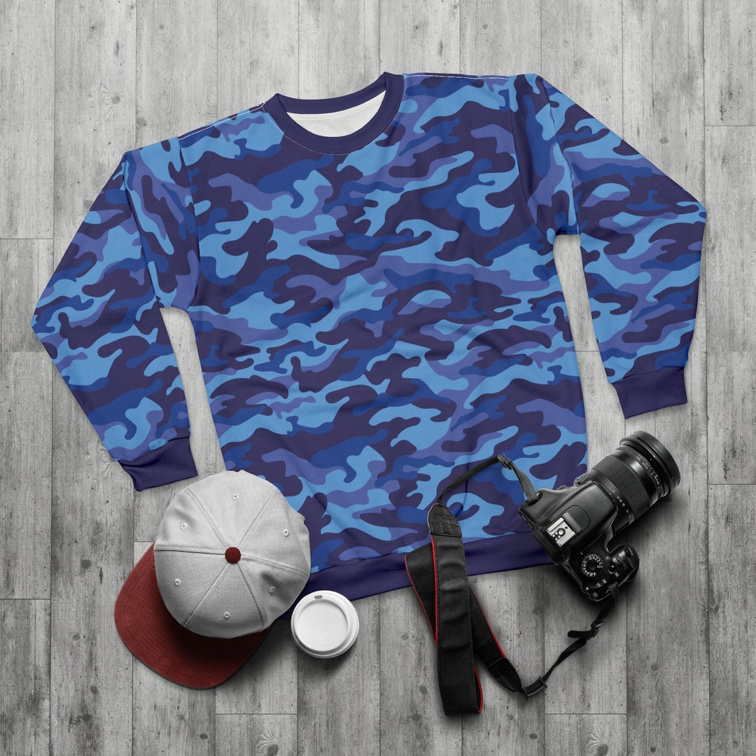 Blue Camo Crewneck Sweatshirt Blue Camo Sweater Blue Long Sleeve Camo