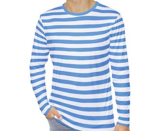 Lichtblauw gestreept T-shirt heren AOP blauw en wit shirt met lange mouwen teamkleuren