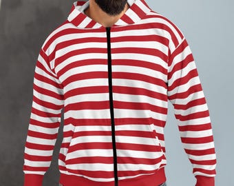 May include: A red and white striped zip-up hoodie with a hood.
