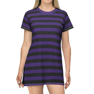 Purple Striped Dress Women&#39;s Gothic Dress Retro Striped Purple Dress Halloween T-Shirt Dress Team Colors Dress Vintage Striped Dress