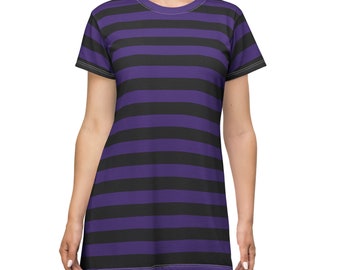 Purple Striped Dress Gothic Dress Purple & Black Dress Rocker Striped Women's T-Shirt Dress Striped Nightgown Purple PJ's Gift For Her