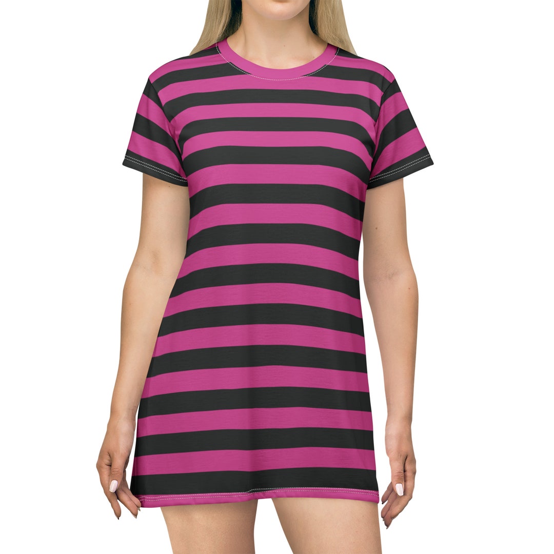 Pink & Black Striped T-Shirt Dress, Women's Short Sleeve Skater Style
