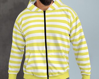 May include: A yellow and white striped zip-up hoodie with a black zipper.