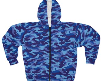 Blue Camo Zip Hoodie Camouflage Blue Jacket Men s Camo Print Women s Blue Camo Long Sleeve Zip Hoodie Blue Fleece Jacket Camo Loungewear