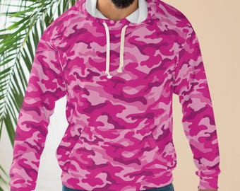 Pink Camo Pullover Hoodie: All Over Print, Kangaroo Pocket