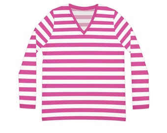 Women's Long Sleeve V-neck Shirt (AOP) Pink & White Stripes