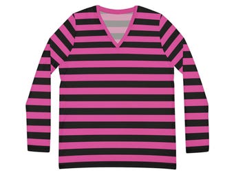 Women's Long Sleeve V-neck Shirt (AOP) Black & Pink Stripes