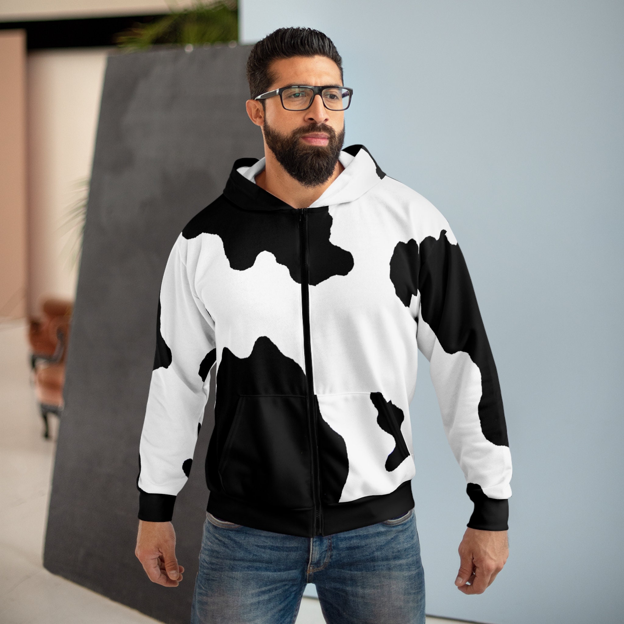 Black Cow Pattern Print Women Men Pullover Hoodie
