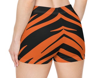 Orangefarbene Shorts, gestreifte Tiger-Booty-Shorts, orangefarbene Tiger-Shorts, Bengal-Tiger-Spandex-Shorts, passende Kleidung, orange und schwarz gestreifte Shorts