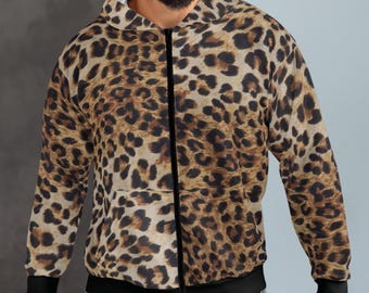 ◇WESKEN◇ Leopard salvage embroid hood zip-up camel Leopard Zip Hoodie Fur Print Hoodie Cheetah Print Jacket