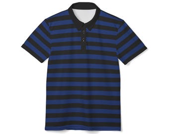 Black & Blue Striped Polo Shirt: Unisex Short Sleeve Polyester Top