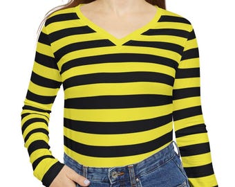 Women's Long Sleeve V-neck Shirt (AOP) Black & Yellow Stripes Team Colors