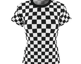 May include: A black and white checkered pattern t-shirt with a crew neck and short sleeves. The shirt's design features a repeating pattern of black and white squares, creating a bold and graphic look. The shirt is made of a soft, comfortable material.