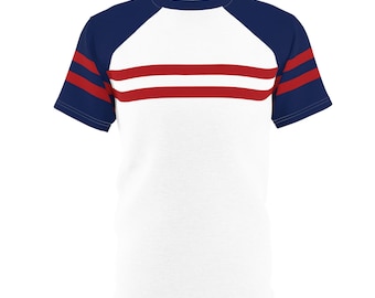 赤と青のストライプ柄メンズTシャツ、ネイビーブルーの