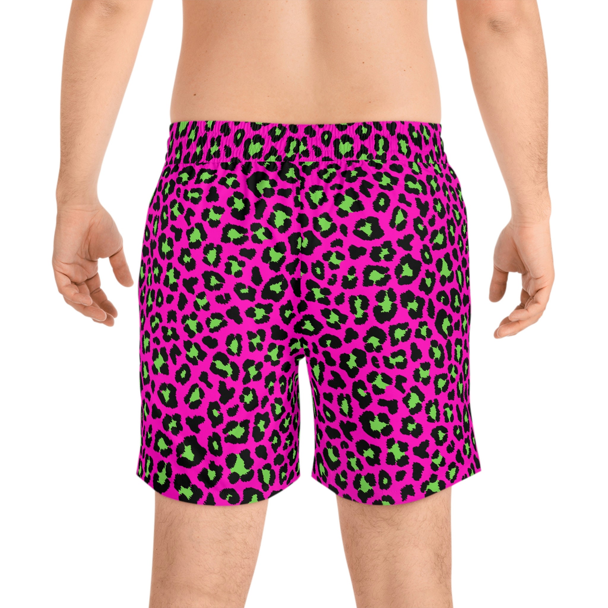 Pink & Green Leopard Animal Print Men's Mid-Length Swim Trunks Shorts
