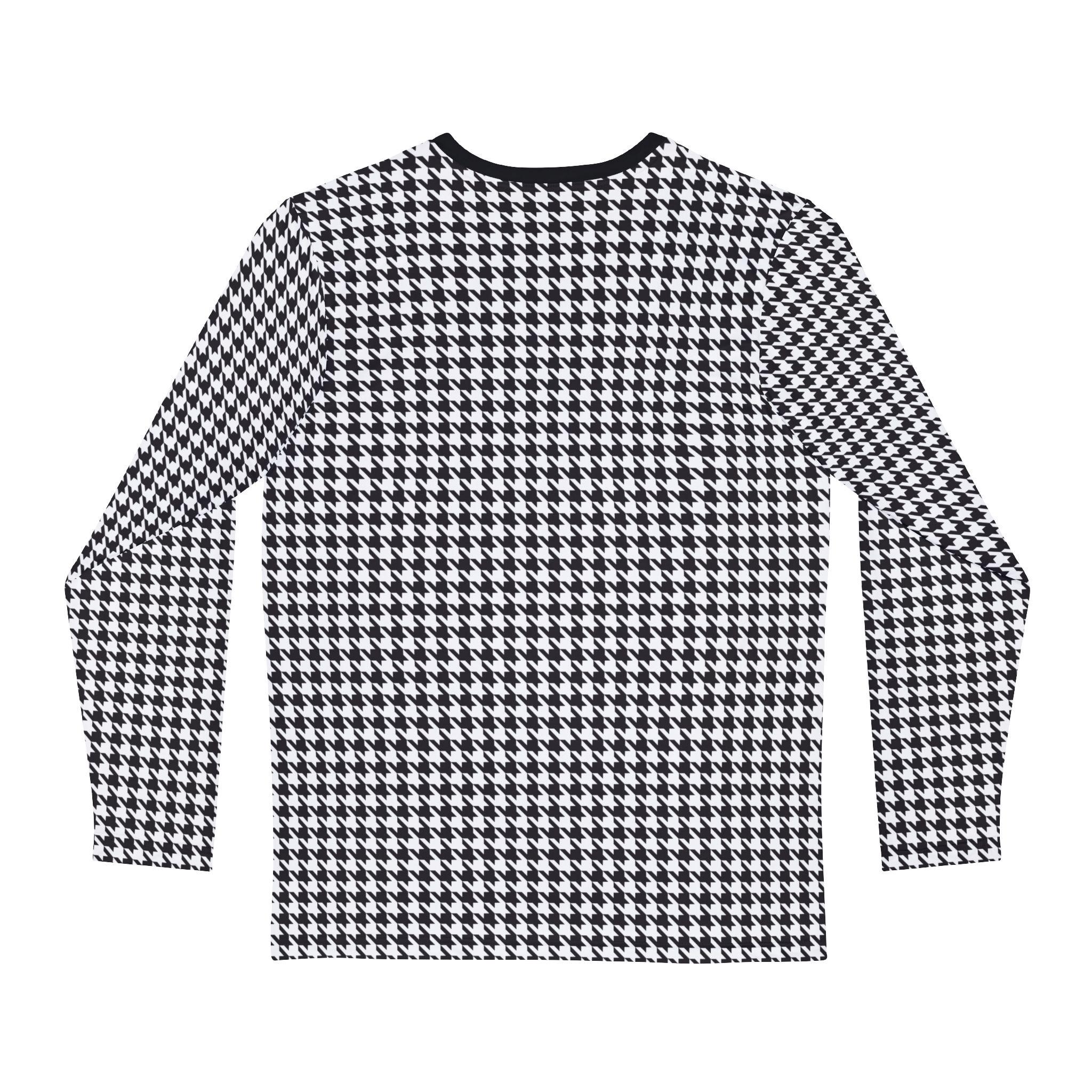 千鳥格子柄長袖Tシャツ：メンズ レトロ ブラック＆ホワイト シャツ 