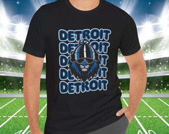 Camiseta de fútbol de Detroit con estampado retro de mascota de león, estilo vintage