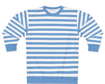 Blue and White Crewneck Striped Varsity Sweatshirt: 80s Style