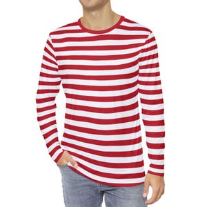 Camiseta de rayas para hombre, manga larga, AOP, roja y blanca